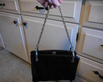 Vintage 1950s to 1960s Black Patent Leather Gold Tone Chain Hardware Signed Name Retro