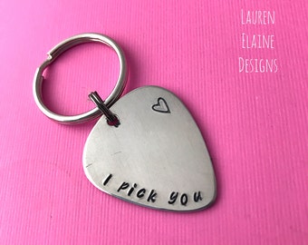 I Pick You Hand Stamped Guitar Pick Keychain- Pick Your Own Font- In Brass, Copper, or Aluminum