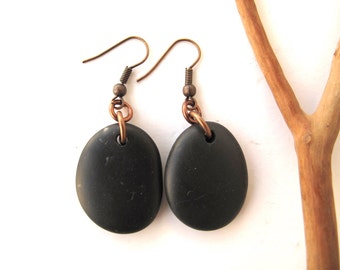 Beach Stone Earrings Mediterranean Pebble Jewelry Natural Stone Earrings Rock Jewelry River Stone Jewelry Pebble Black Copper OLIVE