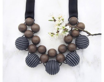 Unique Wooden Bead Necklace / Wooden Necklace / Grey Wood Stripy Fabric Beads / Bib Necklace / Statement Necklace / Chunky Wooden Necklace