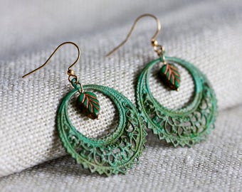 Bohemian Hoop Earrings Green Leaf Patina Drop Earrings Verdigris Filigree Dangle Earrings Boho Chic Turquoise Earrings Spring Jewelry - E340