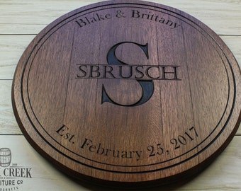 Bourbon barrel head, personalized gift, engraved barrel, wedding gift, anniversary gift,wine barrel, whiskey barrel, barrel top, lazy susan