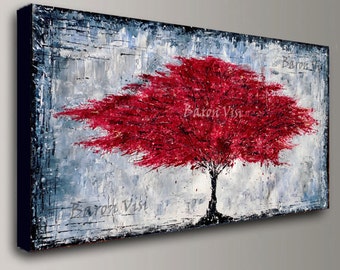 abstract painting Acrylic red tree wall art tree home office interior decor large canvas Textured impasto modern palette knife Fine Visi x