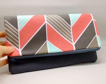 Foldover zipper clutch, zipper pouch, wedding purse, evening clutch, bridesmaid gifts set - Geometric pattern (Ref. FZ18)