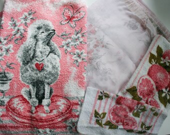 Vintage Bath Linens, Sears Shower Curtain, Poodle Bath Towel Cutter, Grapefruit Hand Towel & Washcloth Cutters, Set of Four Bath Linens