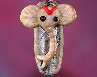 Silver Fawn Elephant Handmade Lampworked Glass Bead OOAK Fawn Mocha Silver Red Black Elephant Focal Lampwork