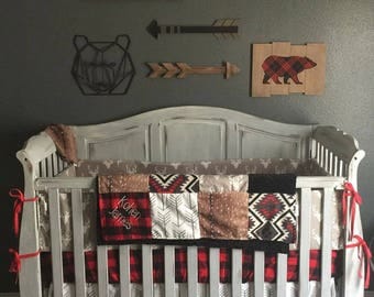 Woodland Boy Crib Bedding- Gray Buck, Deer Skin Minky, White Gray Arrow, Aztec, Red Black Buffalo Check, and Black Crib Bedding Ensemble