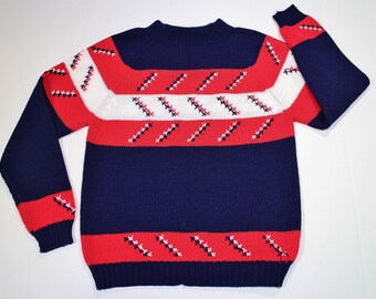 Vintage Ski Sweater - Nordic Print - Ski Lodge - Ugly Sweater - Red White Blue - Patriotic Clothing - Boys Large Womens XS