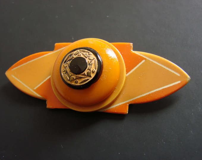 Antique Art Deco 1930s Bakelite Celluloid Modernist Abstract Brooch Orange Black Czechoslovakia Vintage Jewelry Jewellery