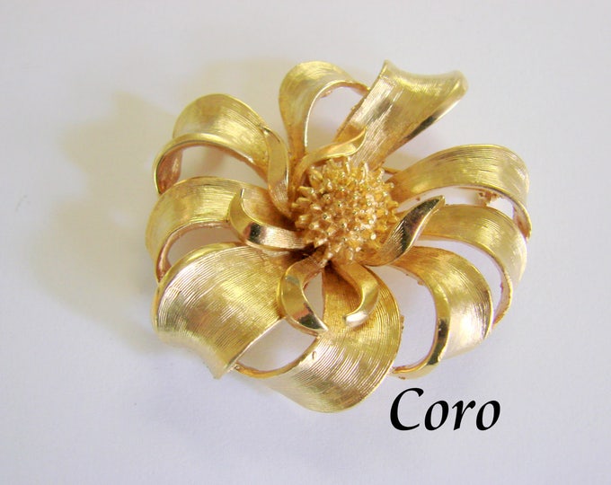 Large Coro Vintage Brooch / Textured Goldtone / Floral Motif / Retro / Jewelry / Jewellery