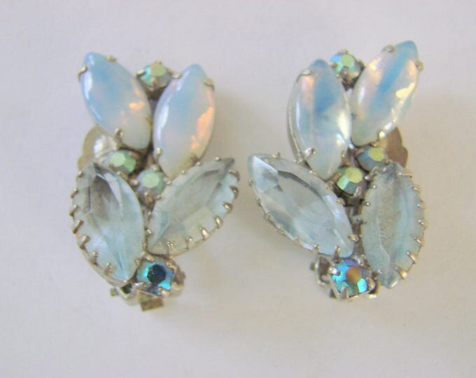 1960s Blue Marquise Faux Opal Aurora Borealis Rhinestone Clip Earrings Mid Century Jewelry Jewellery