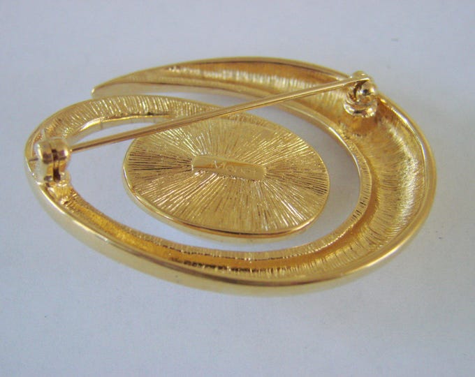 Vintage Monet Modernist Goldtone Pearl Cabochon Brooch Designer Signed Jewelry Jewellery