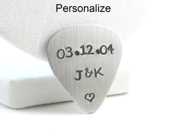 Hand Stamped Personalized Guitar Pick, Gift Under 15, Customizeable Initials and Dates, Aluminum Guitar Pick, 10th Anniversary Present