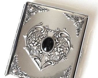 Victorian Cigarette Case Silver Cigarette Case for Woman Black Onyx Cigarette Case 100's Vintage Style Case Cigarette Holder Romantic Gift