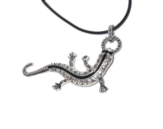 Large lizard pendant, silver tone gecko, pave encrusted clear and black rhinestones, black cord, fancy connector with black enamel