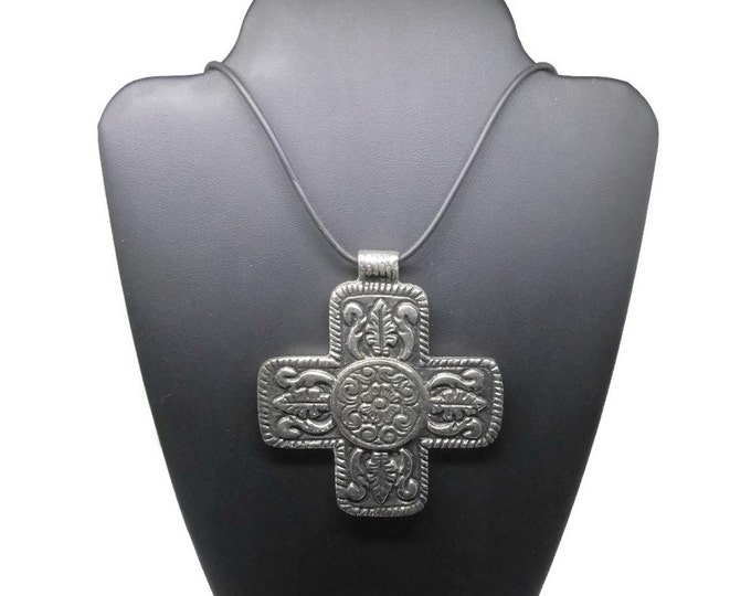 FREE SHIPPING Large unisex cross pendant, antiqued silver Swiss cross, ornate men or woman's cross, on black cord with extender chain