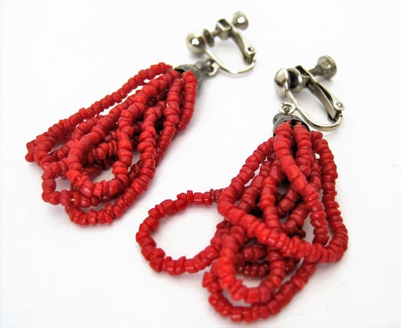 Red Coral Bead Earrings - Boho Style - Glass Beads 5 Loops - Clip On Earrings