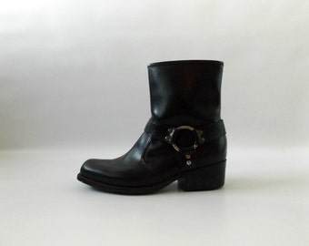 Black Harness Moto Boots | Vintage 90s Rainboot Waterproof Shoes Mens Size 9 1/2 Womens Motorcycle Biker Boots 1990s Hipster Boho Snow Boot