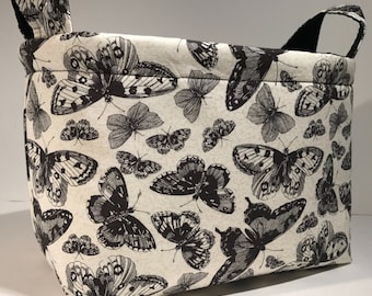 Fabric Storage Basket Organizer Bin Storage Container-Sketchbook Butterflies on Natural with Black Interior