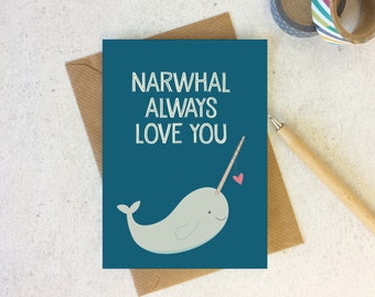 Narwhal Love Card - anniversary card - valentine card for boyfriend - valentine card - valentine's day card - narwhal card