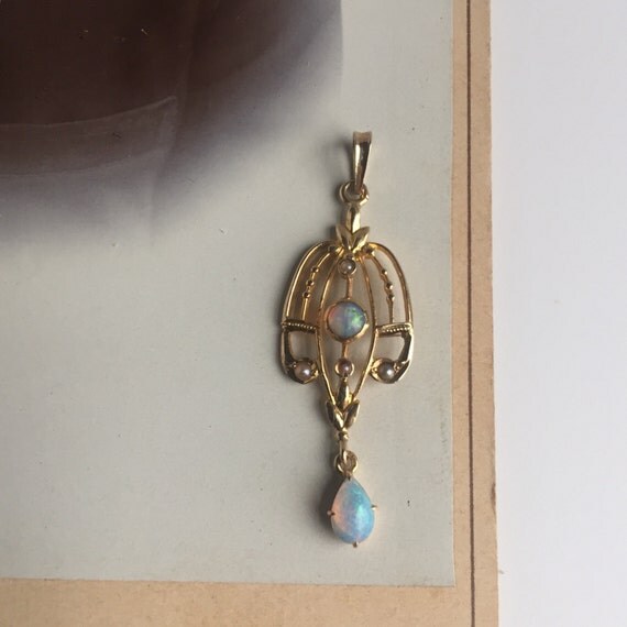 Opal and Seed Pearl Lavalier 14k Yellow Gold Pendant