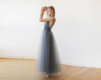 Dark Grey Halter and Tulle Maxi Gown 1121