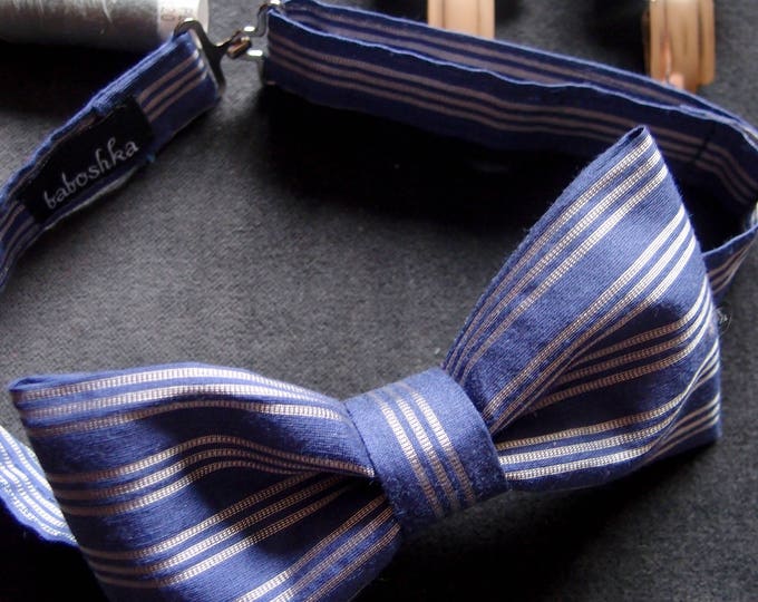 Mens Bow Tie and Suspenders Silver Blue Set, Deep Blue Striped Suspender's Set, Groomsmens Suspenders, Groomsmen Bow Tie, Blue Braces