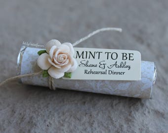 unique wedding favors, mint to be favors with personalized tag, wedding mints, lace theme with ivory roses, chic wedding