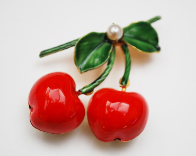 Cherry Brooch - Signed Original by Robert - Red Green Enamel on metal - Fruit figurine pin