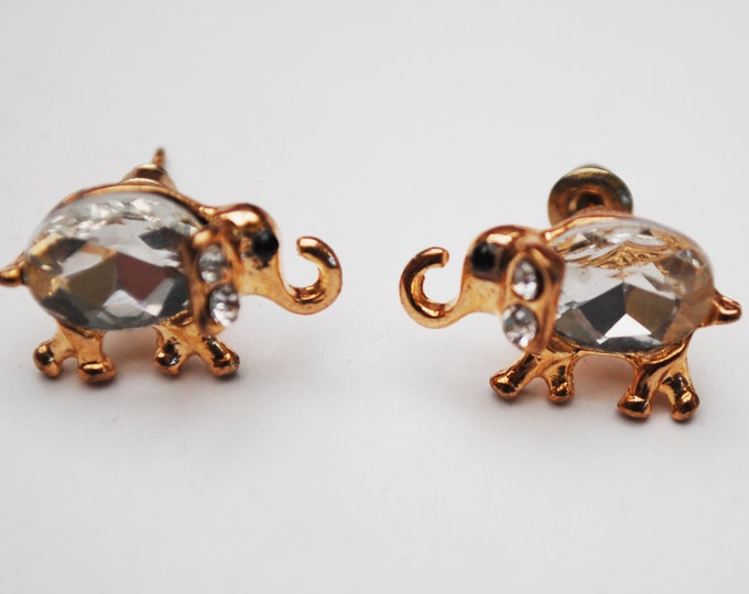 Elephant Stud Earrings - Clear crystal Rhinestone - Gold figurine pierced earrings