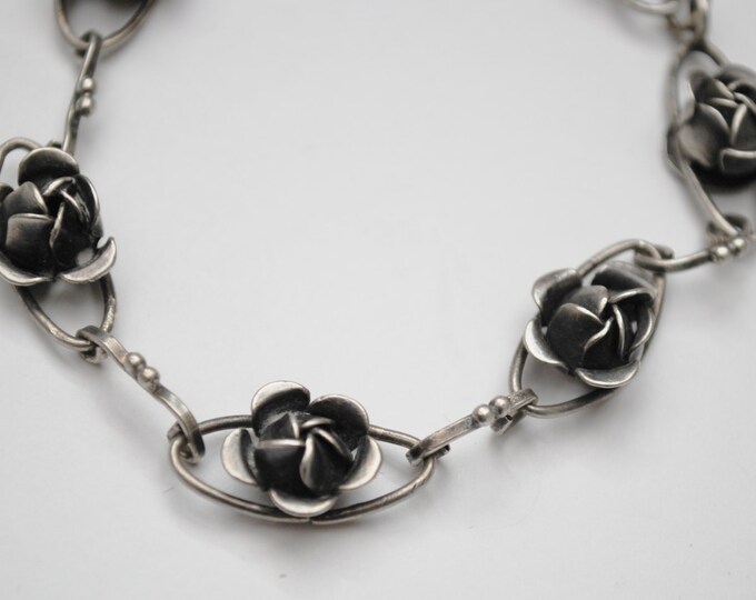 Sterling Flower Repousse Link Bracelet - Signed Augello Bros - Vintage Art Nouveau silver rose bud