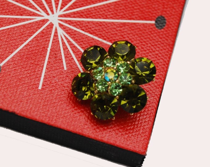 Small Green Rhinestone Flower Brooch - Olive green crystal - gold metal floral atomic scatter Pin