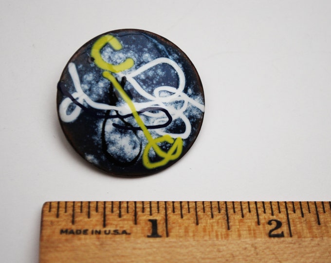 Modern Enamel Copper Brooch - Mid Century - White black yellow swirl - Round Mod Pin