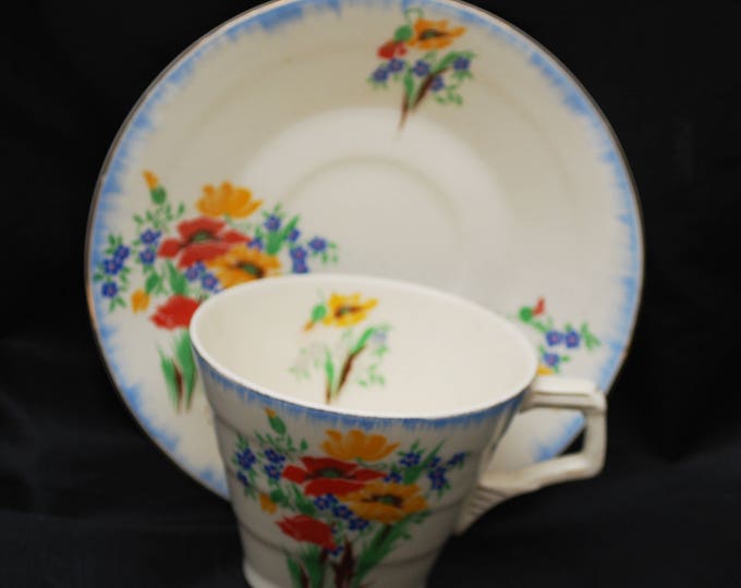 H & K Tunstall Tea cup and Saucer - Made in England - Flower - blue red orange green - shabby chic