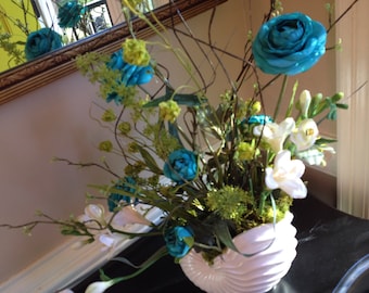TURQUOISE FLORAL ARRANGEMENT, Ivory Shell Container, Accent Arrangement, Table Arrangement, 24in. Tall x 16In. wide