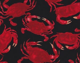 Timeless Treasures Fabric, Red Crab, Red Crabs on Black, 100% cotton