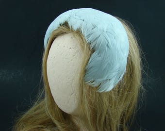 Powder Blue Feather Hat, Baby Blue Casque Hat, Feather Fascinator, 1950s Stage Costume