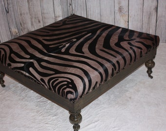 Rustic Dark Walnut Zebra Print Cowhide Ottoman