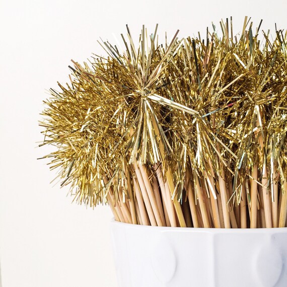 Gold Sparkle Swizzle Sticks Tinsel Drink by CloverandBloomCo