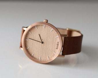 Womans Watch, Cherry Wood Rose Gold Watch, Brown Leather Strap - HELM-CR