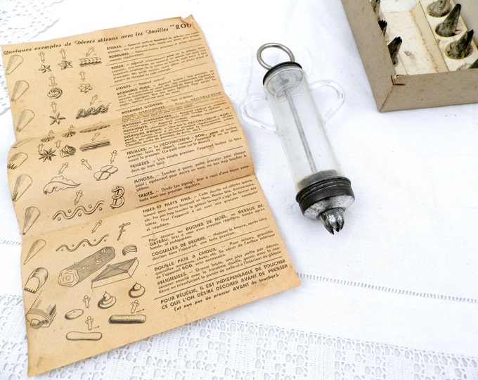 Vintage French Complete Boxed Set Piping Icing Funnel / Syringe with 8 Tips, Kichenalia, 1960s, 1950s, Retro, Kitchenware, Cake, Kitchen