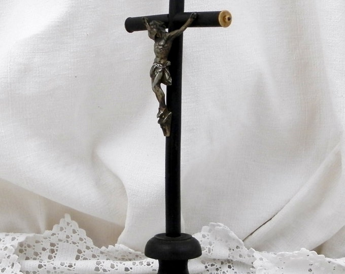 Antique French Black Wooden and Silver Plated Cross / Crucifix, Catholic, Christian, Church, Religion, Religious, Jesus, Vintage, Retro