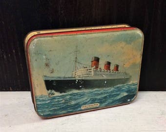Vintage RMS Queen Mary Ocean Liner Tin Box, Cunard Cruise Line, SHABBY Box, c 1950s, Royal Ship Boat, Bensons Candy Tin