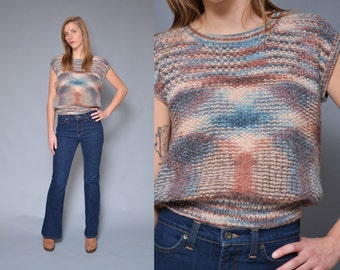 70s Space Dyed Short Sleeve Sweater S Mauve Blue Hippie Boho Cap Sleeve Geometric Preppy Crop Sweater