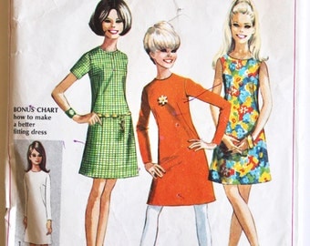 Vintage 1960s Womens/Teens A-Line Shift Dress Sewing Pattern Size 11-12 Teen Size Bust 32 Simplicity 7511