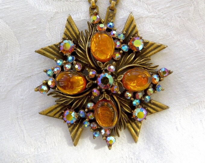 Florenza Maltese Cross Necklace, Amber Cabs Aurora Borealis Stones, Vintage Designer Signed, Heraldic Jewelry