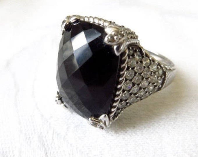 Judith Ripka Monaco Ring, Sterling Silver Onyx, Diamonique CZ stones, Vintage Size 10.5, Designer Signed, High End Jewelry