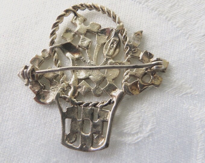 Art Deco Sterling Flower Basket Brooch, Marcasite Stones, Vintage Jewelry