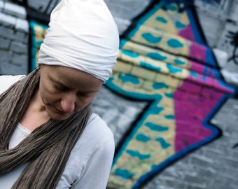 Head cover, tube, turban, kundalini yoga, organic cotton, bamboo, superjersey, white, black, i can c u, handmade, hat