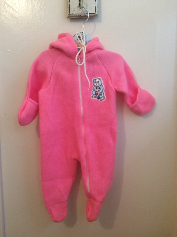 VTG Obion Pink Sleeper Winter Snow Suit Sz 0-9M Teddy Bear